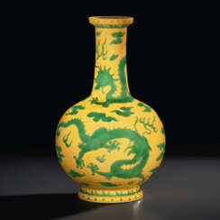 A VERY RARE YELLOW AND GREEN-ENAMELED &#39;DRAGON&#39; VASE