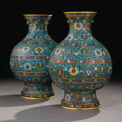 A VERY RARE PAIR OF MASSIVE CLOISONN&#201; ENAMEL HU-FORM VASES