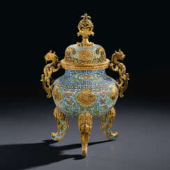A SUPERB CLOISONN&#201; ENAMEL TRIPOD CENSER, COVER AND STAND