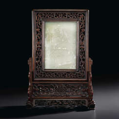 A CARVED WHITE JADE-INSET HARDWOOD TABLE SCREEN