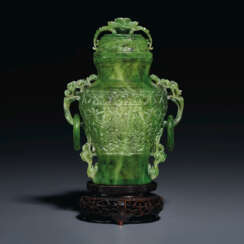 A MUGHAL-STYLE SPINACH-GREEN JADE VASE AND COVER