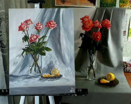 Oil painting, картина акрилом “Lemon and Roses”, акрил холст мольберт, Paintbrush, Contemporary art, Flower still life, Ukraine, 2021 - photo 5