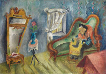 RYBACK, ISSACHAR (1897-1935) Interior with Woman Knitting , signed.