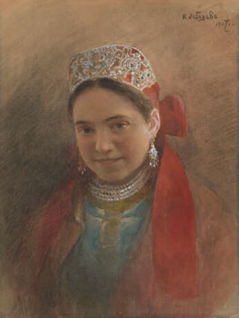 LEBEDEV, KLAVDY (1852-1916) Portrait of a Girl in Kokoshnik , signed and dated 1907. - Foto 1