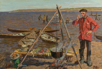 TKACHEV, SERGEI and TKACHEV, ALEKSEI (B. 1922 and B. 1925) Fisherman's Soup , signed, also further signed, titled in Cyrillic and dated 2001 on the reverse.