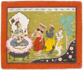 AN ILLUSTRATRION FROM A TANTRIC DEVI SERIES: DEVI INDRAKSHI VENERATED BY THE TRIMURTI