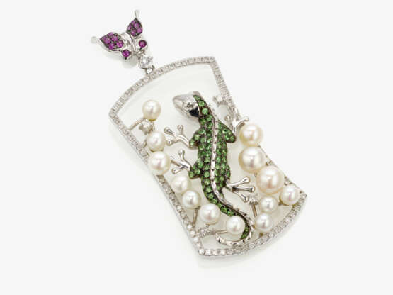 Anhänger ''Salamander mit Schmetterling'' verziert mit Perlen, Brillanten und rubinen , Deutschland - фото 1