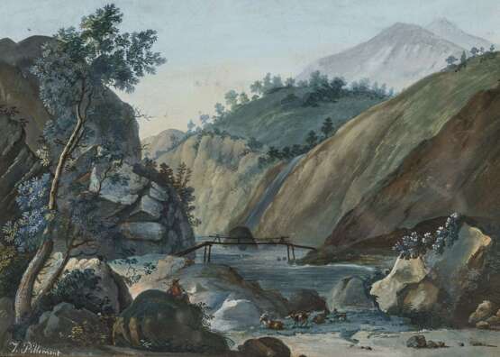 Frankreich. 18. Jahrhundert , Hirte mit Herde am Ufer eines Gebirgsflusses - фото 1