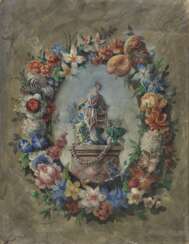 Frankreich (?). um 1836 , Blumenkranz mit Darstellung einer Chinesin mit Käfig