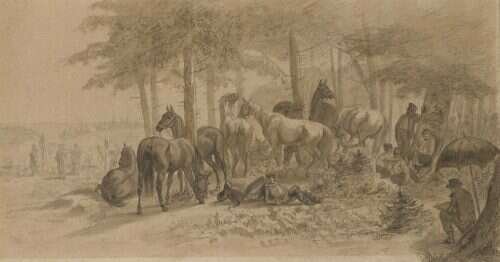 Franz Adam, Rastende Soldaten mit ihren Pferden am Waldrand - Foto 1