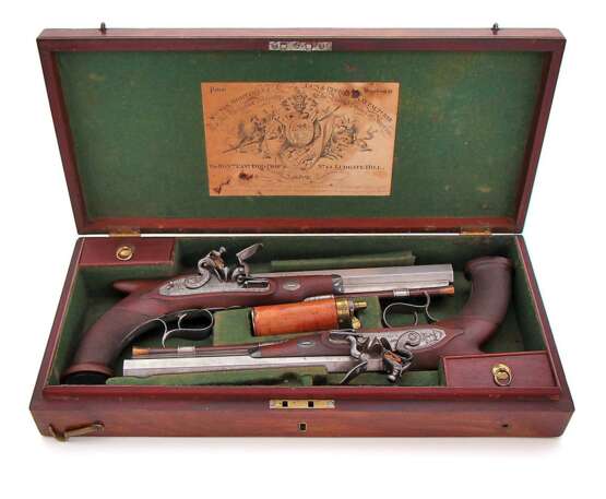 Ein Paar Steinschloss-Pistolen von Thomas Mortimer in London im Kasten um 1810 - Foto 1