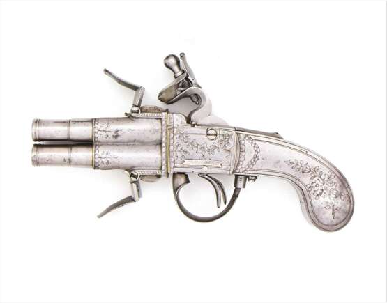 Vierläufige Steinschloss-Wender Taschenpistole in Ganzmetall von Claude Niquet in Liege um 1800 - Foto 1
