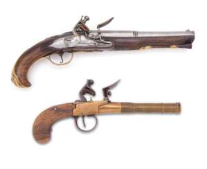Zwei Steinschloss-Pistolen, deutsch und Belgien um 1780-1820