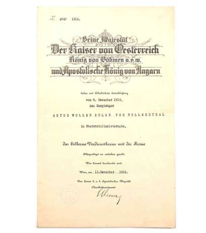 Urkunde an den SARGTRÄGER im Oberststallmeisteramt Edler von Wollersthal 1916 - photo 1