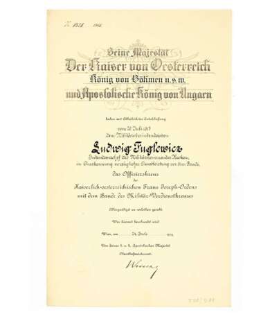Urkunde zum Franz Joseph-Orden - Offizierskreuz mit dem Bande des Militär-Verdienstkreuzes - photo 1