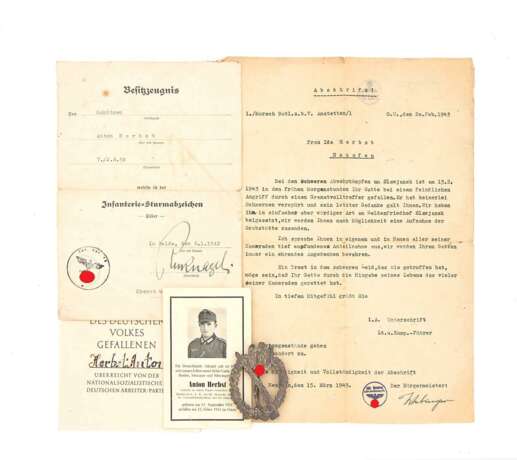 Infanterie-Sturmabzeichen in Silber und Besitzzeugnis mit Autograf Schwerter-Träger General Recknagel - фото 1