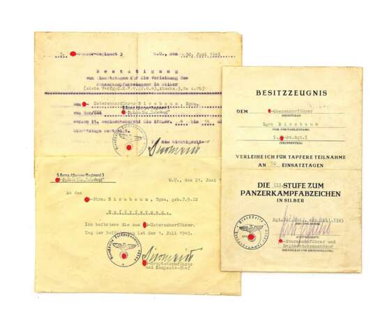 Urkunde zum Panzerkampf-Abzeichen mit EZ 50 an einen SS-Oberscharführer mit weiteren Dokumenten - Foto 1