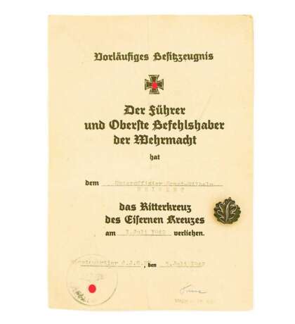 Vorläufiges Besitzzeugnis zum Ritterkreuz des Eisernen Kreuzes an Uffz. Reinert und ein Eichenlaub zum Ritterkreuz - Foto 1