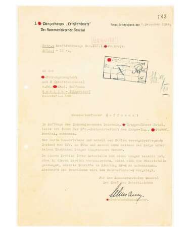 Schriftstück 1.SS-Panzerkorps Leibstandarte mit Autograf Eichenlaub-Träger Rudolf Lehmann - фото 1