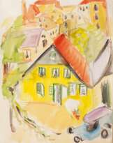 Gelbes Haus und blaues Auto