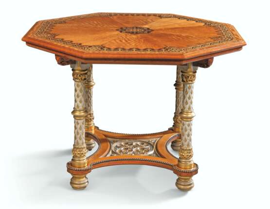 A GOTHIC REVIVAL HOLLY, STAINED SYCAMORE, EBONY AND WENGE-INLAID SATINWOOD OCTAGONAL CENTRE TABLE - photo 1