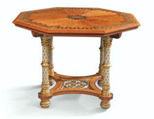 A GOTHIC REVIVAL HOLLY, STAINED SYCAMORE, EBONY AND WENGE-INLAID SATINWOOD OCTAGONAL CENTRE TABLE