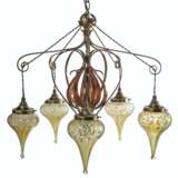 A BRASS, COPPER AND GLASS FIVE-LIGHT CHANDELIER - фото 1