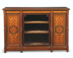 A GOTHIC REVIVAL HAREWOOD, TULIPWOOD, EBONY AND MARQUETRY INLAID WALNUT SIDE CABINET