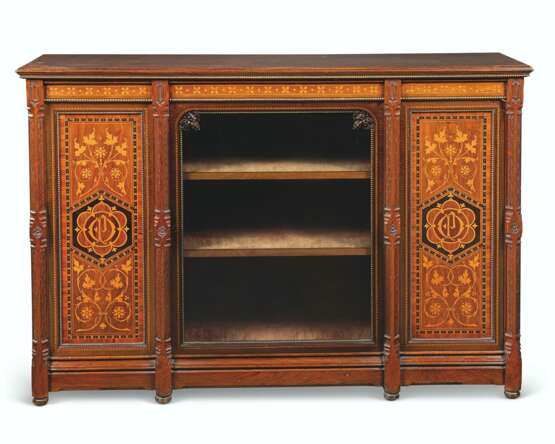 A GOTHIC REVIVAL HAREWOOD, TULIPWOOD, EBONY AND MARQUETRY INLAID WALNUT SIDE CABINET - photo 1