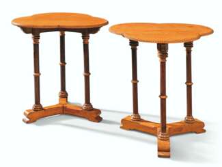 A PAIR OF REFORMED GOTHIC TREFOIL-SHAPED OAK OCCASIONAL TABLES