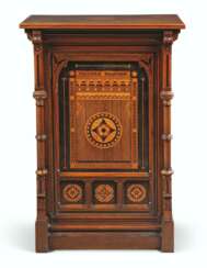 A REFORMED GOTHIC WALNUT, BOXWOOD, AMBOYNA AND FRUITWOOD MARQUETRY SIDE CABINET