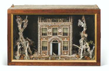 A VICTORIAN CASED SHELL DIORAMA DEPICTING A HOUSE IN A GARDEN