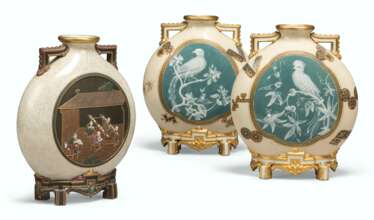 A PAIR OF ROYAL WORCESTER PORCELAIN PATE-SUR-PATE PILGRIM BOTTLE VASES AND A &#39;CERAMIC PRODUCTION&#39; PILGRIM BOTTLE VASE