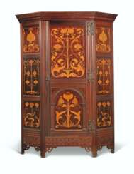 AN ARTS AND CRAFTS MAHOGANY AND FRUITWOOD MARQUETRY WARDRODE