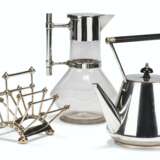 AN ELECTROPLATED TEAPOT AND TOAST RACK, AND A SILVER-MOUNTED CUT-GLASS CLARET JUG - фото 1