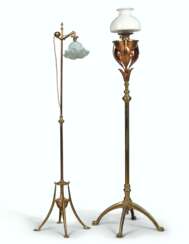 TWO BRASS AND COPPER EXTENDING STANDARD LAMPS, ONE DESIGNED FOR OIL, ONE ELECTRICITY