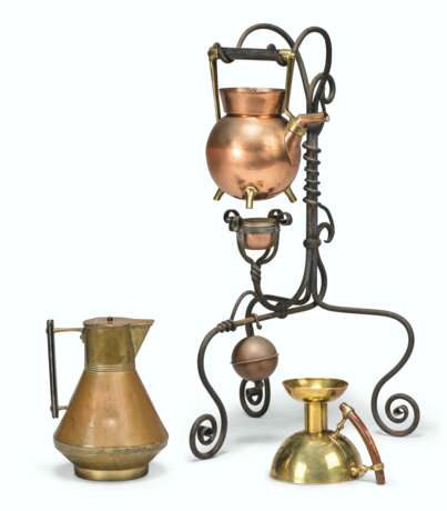 A BRASS `KORDOFAN` CHAMBERSTICK, A BRASS-MOUNTED COPPER KETTLE ON WROUGHT IRON STAND AND A BRASS AND COPPER PITCHER - photo 1
