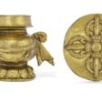 A GILT-BRONZE REPOUSSÉ VASE-FORM PLAQUE AND A LARGE GILT-BRONZE REPOUSSÉ DOUBLE-VAJRA PLAQUE - Auction prices