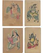 Kalighat. FOUR KALIGHAT PAINTINGS: SHIVA; KRISHNA AS KALI; PARVATI AND GANESHA; ANGELS