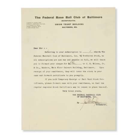 1914 Baltimore Federal League Typewritten Letter with Envelope - фото 1