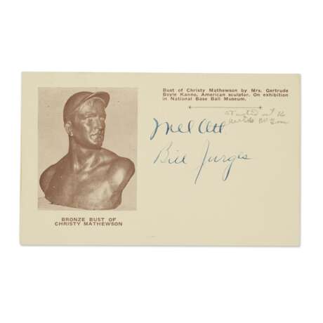 Mel Ott and Bill Jurges Autographed Sepia Tone Hall of Fame Plaque Postcard c.1939 - фото 1