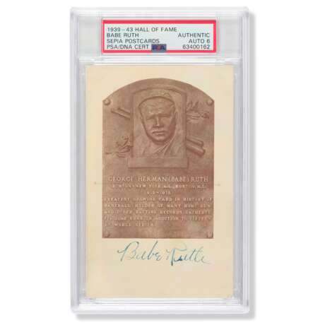 Scarce Babe Ruth Autographed Sepia Tone Hall of Fame Plaque Postcard c.1939 (PSA/DNA 6 EX-MT) - фото 1