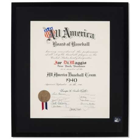 1940 Joe DiMaggio All America Board of Baseball Certificate Autographed by Babe Ruth (Joe DiMaggio Collection) - фото 1