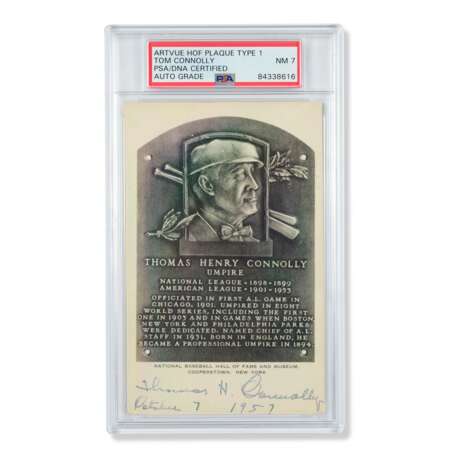 Scarce Tommy Connolly Autographed Artvue Hall of Fame Plaque Postcard (PSA 7 NM) - фото 1