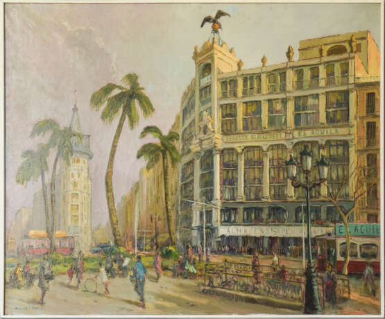 Painting “Large Oil Cityscape Painting Barcelona”, Francisco Planas Doria, oil on board, Impressionist, Spain, 1940's - photo 4