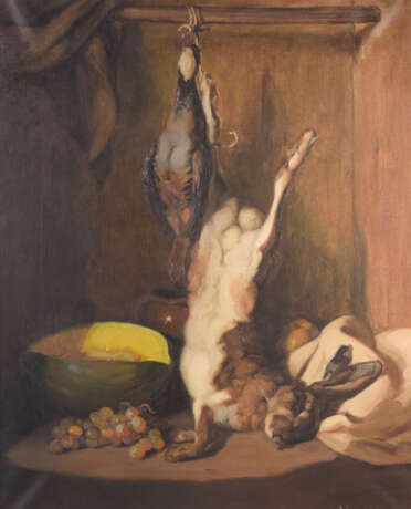 Painting “Still Life with Hare and Melon”, Guillermo Soliman Martinez (1908 - 1985), Oil on canvas, still life, Still life, Belgium, Mid 20th Century - photo 1