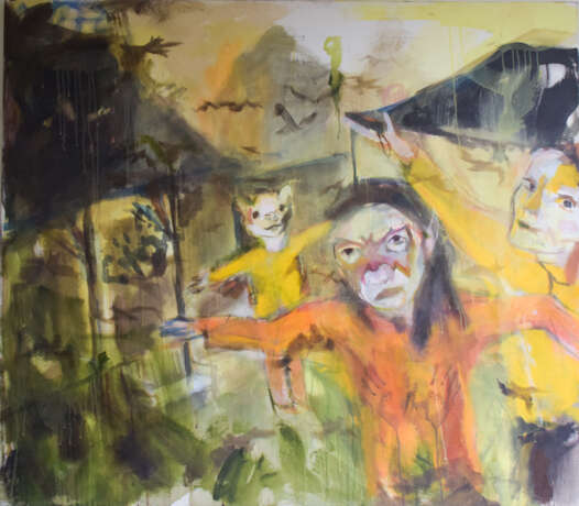 Painting “Figures with Masks and Birds”, Sabrina Shah, Oil on canvas, Contemporary art, United Kingdom, 2000's - photo 1
