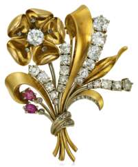 MEISTER RETRO DIAMOND, RUBY AND GOLD BROOCH