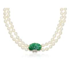 CULTURED PEARL, JADE AND DIAMOND NECKLACE