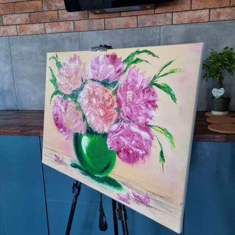 Oil painting “Peonies”, масло/холст на подрамнике, Smear painting technique, Flower still life, Poland, 2021 - photo 1